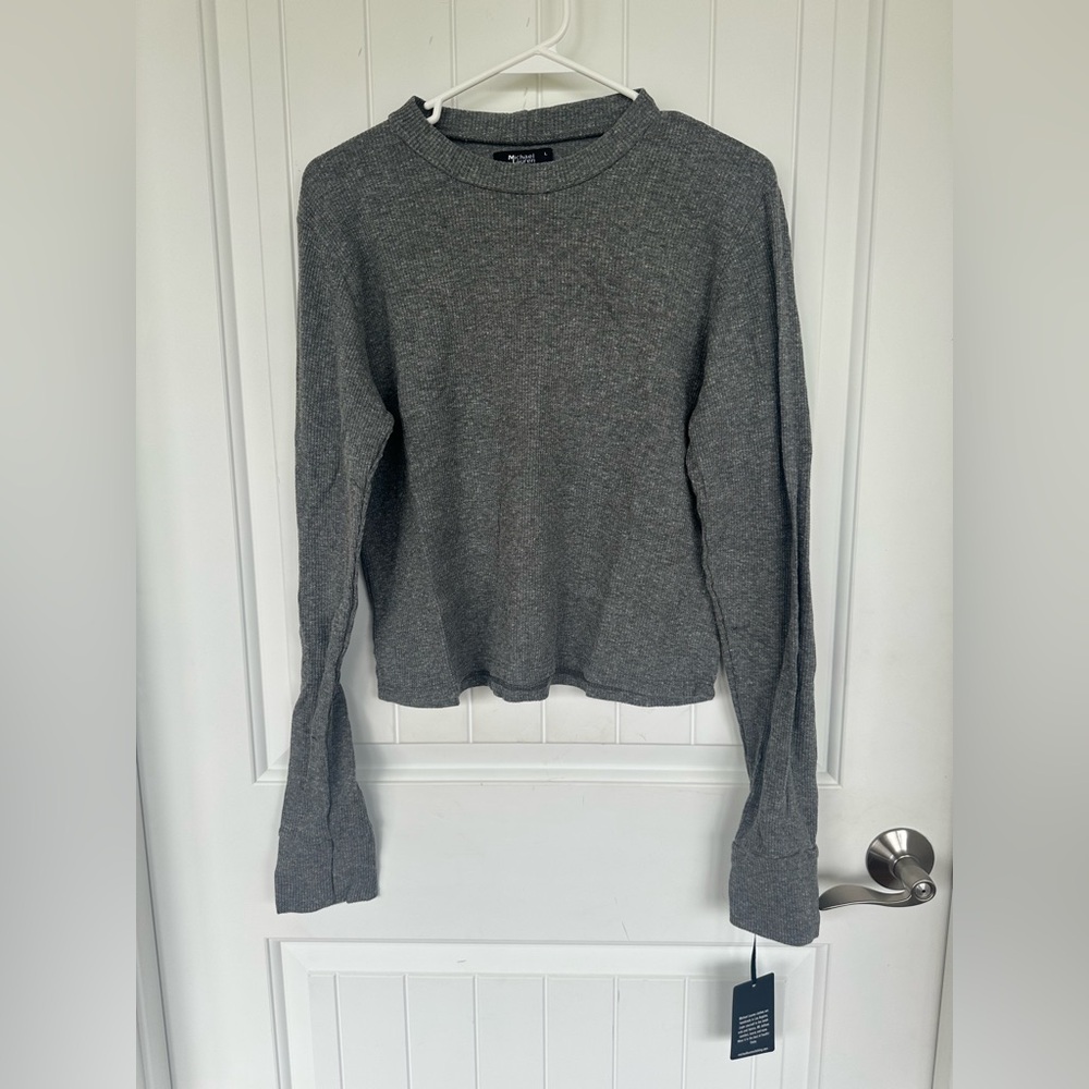 Michael Lauren Cropped Waffle Grey Long Sleeve Top NWTS Size Large
